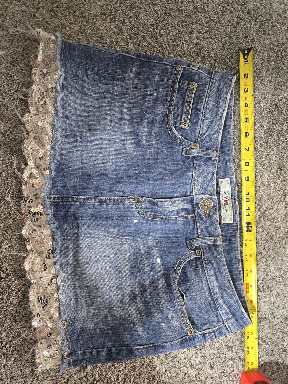 Denim Mini Skirt with Lace Sequin Hem - Blue